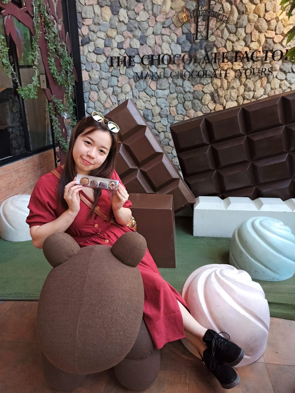 Lady posing with chocolate at The Chocolate Factory, Khao Yai
