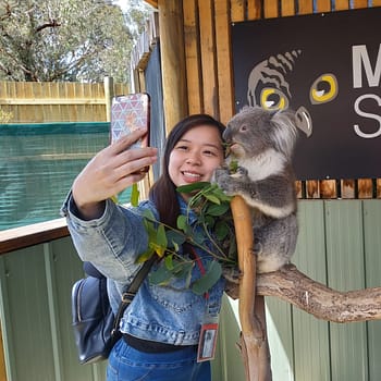 Lady taking photo with koala