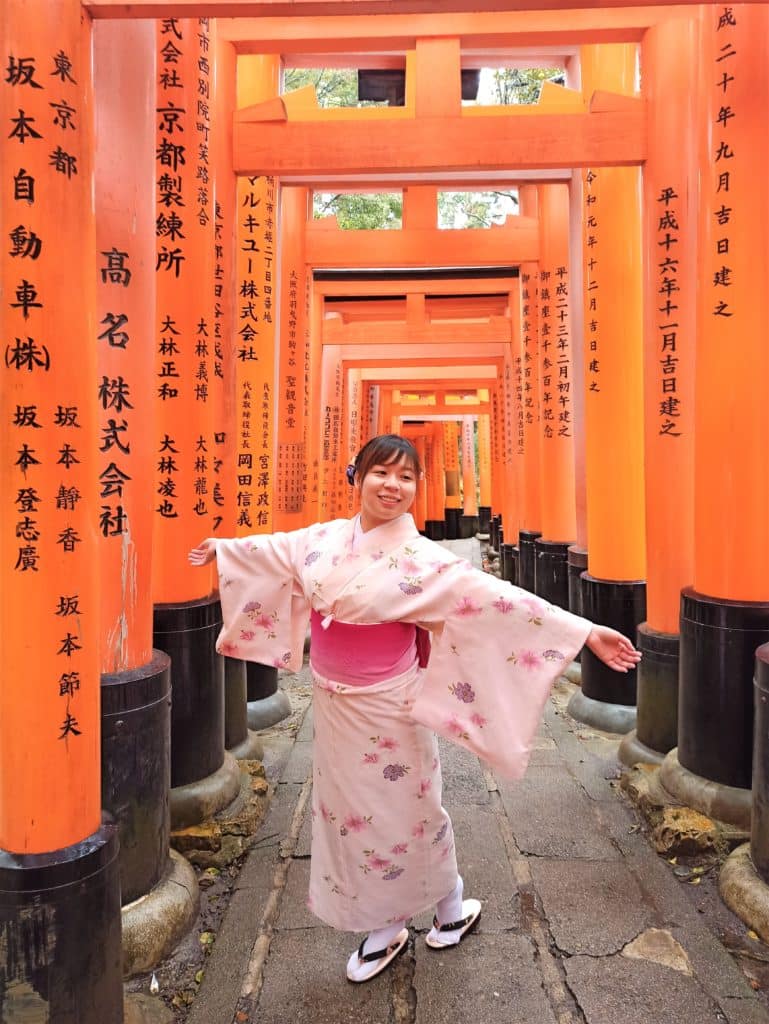 Lady with kimono posing with torii of Fushimi Inari Taisha